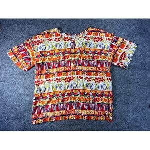 VTG 60s 70s Euro Joy Womens Top Aztec Floral 1/4 Button Sz L Silk/Cotton Blend